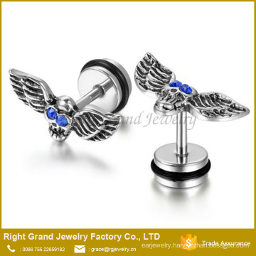 Vintage Stainless Steel Wings Blue CZ Stone Skull Fake Plugs Stud Earrings